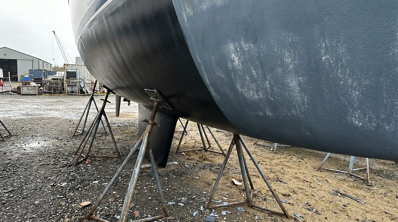 Two boat hull sections side by side showing hard versus ablative bottom paint textures in a boatyard