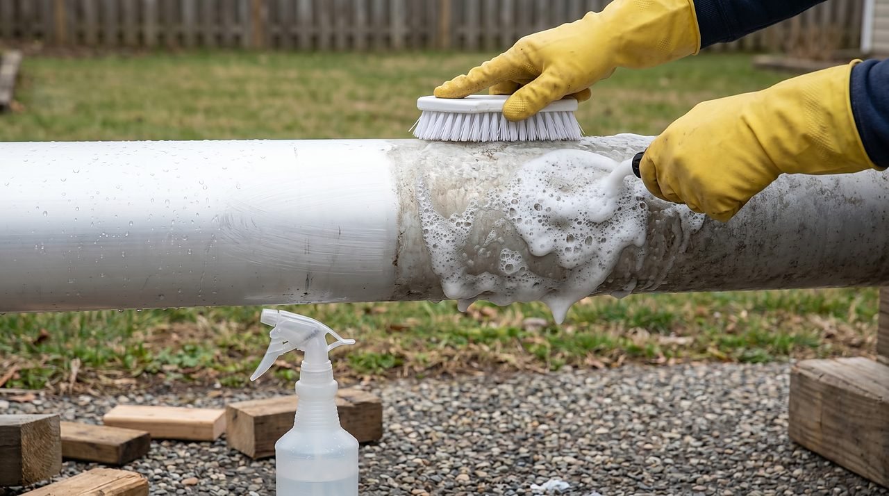 gloved hands applying foaming aluminum cleaner to oxidized pontoon tube during restoration