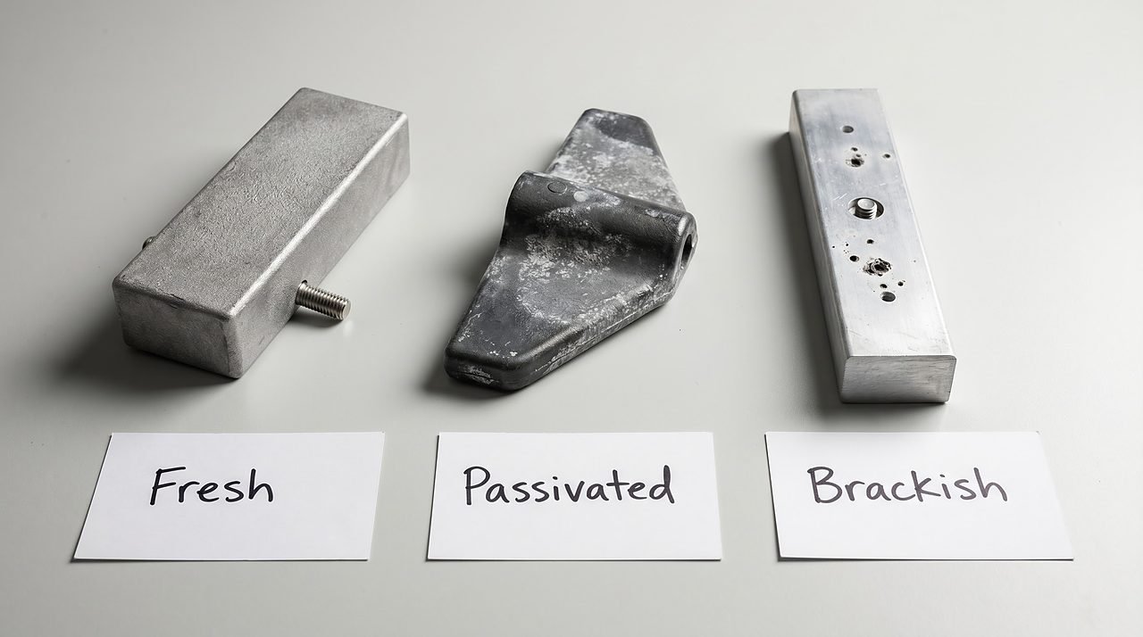 three sacrificial anodes compared - magnesium for freshwater, passivated zinc, and aluminum-alloy for brackish use