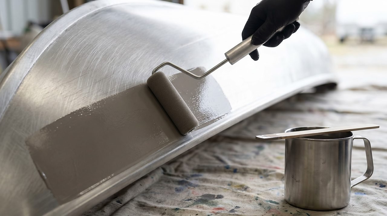 applying gray two-part epoxy primer to a freshly prepared bare aluminum boat hull with a foam roller