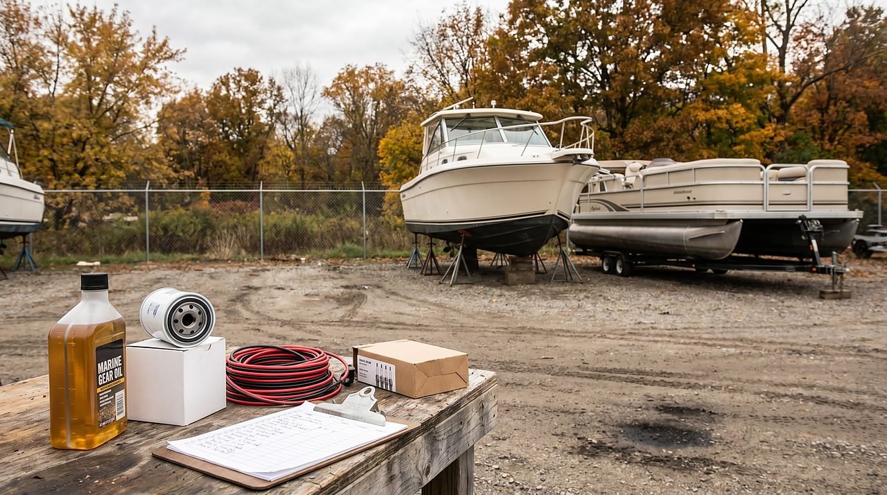 Two boats on jackstands in a boatyard with marine maintenance supplies on a workbench in the foreground
