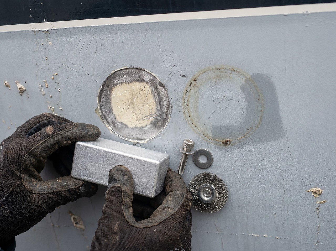 Preparing a bare metal contact surface on a boat hull before installing a new sacrificial anode