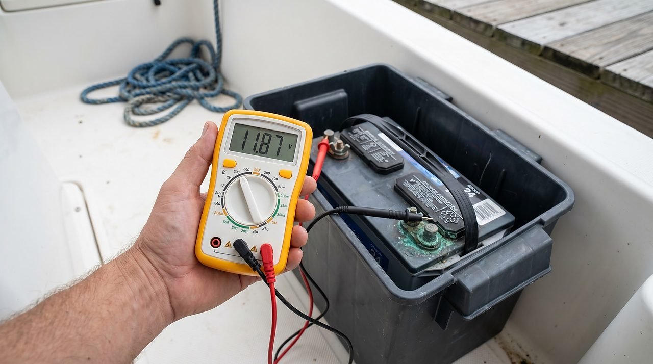 multimeter probes on marine battery terminals showing voltage reading during load test
