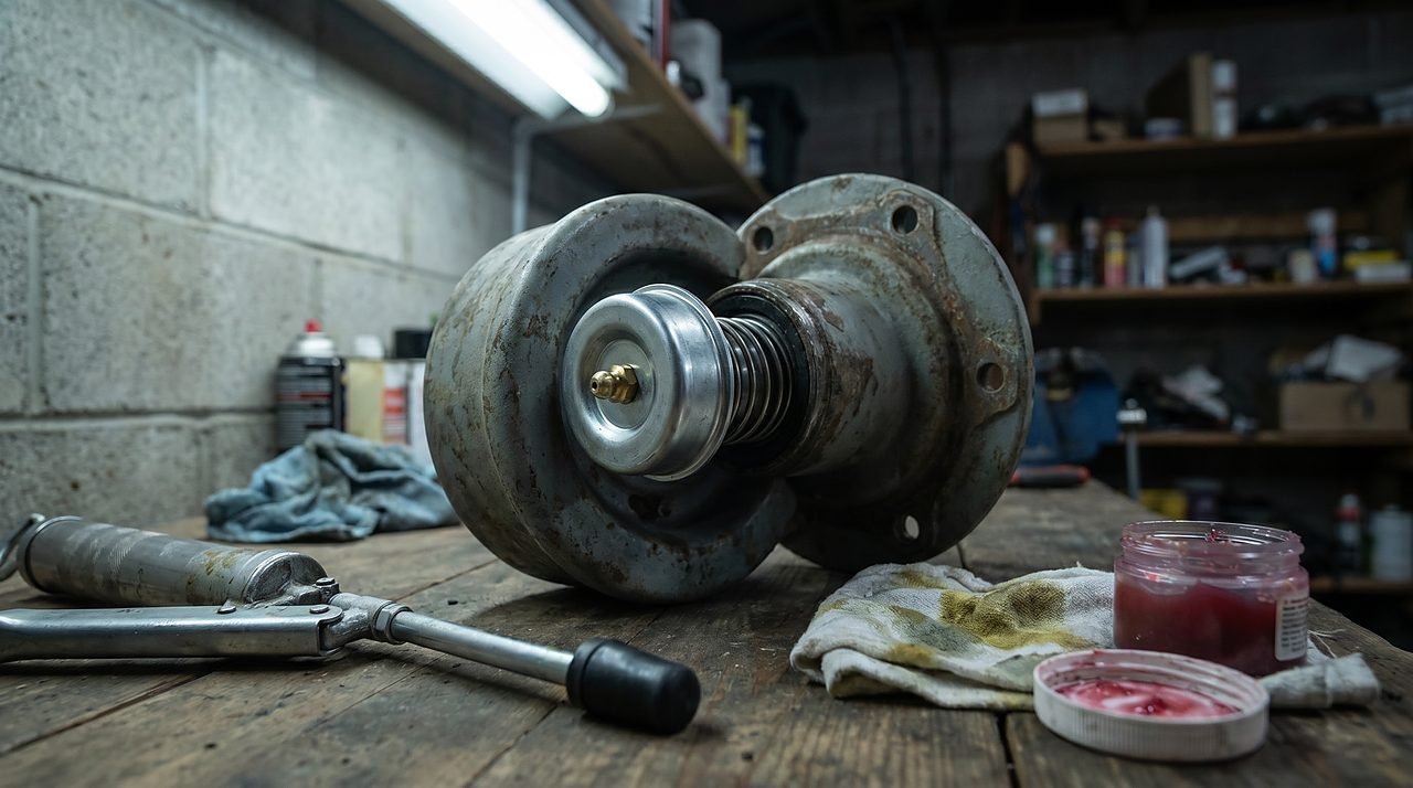 generic trailer hub with bearing protector cap installed, spring piston extended correctly