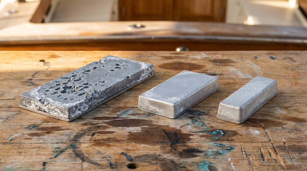 Three generic marine sacrificial anodes of different alloy types on a dock workbench