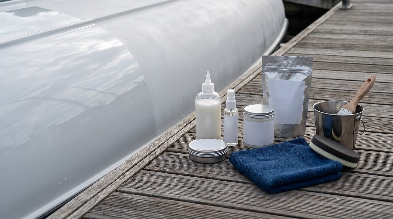 five generic boat wax types lined up on a dock beside a white fiberglass hull