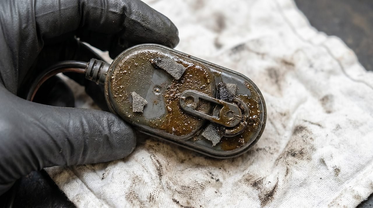 fouled bilge pump float switch coated in oil and debris causing a stuck-on condition