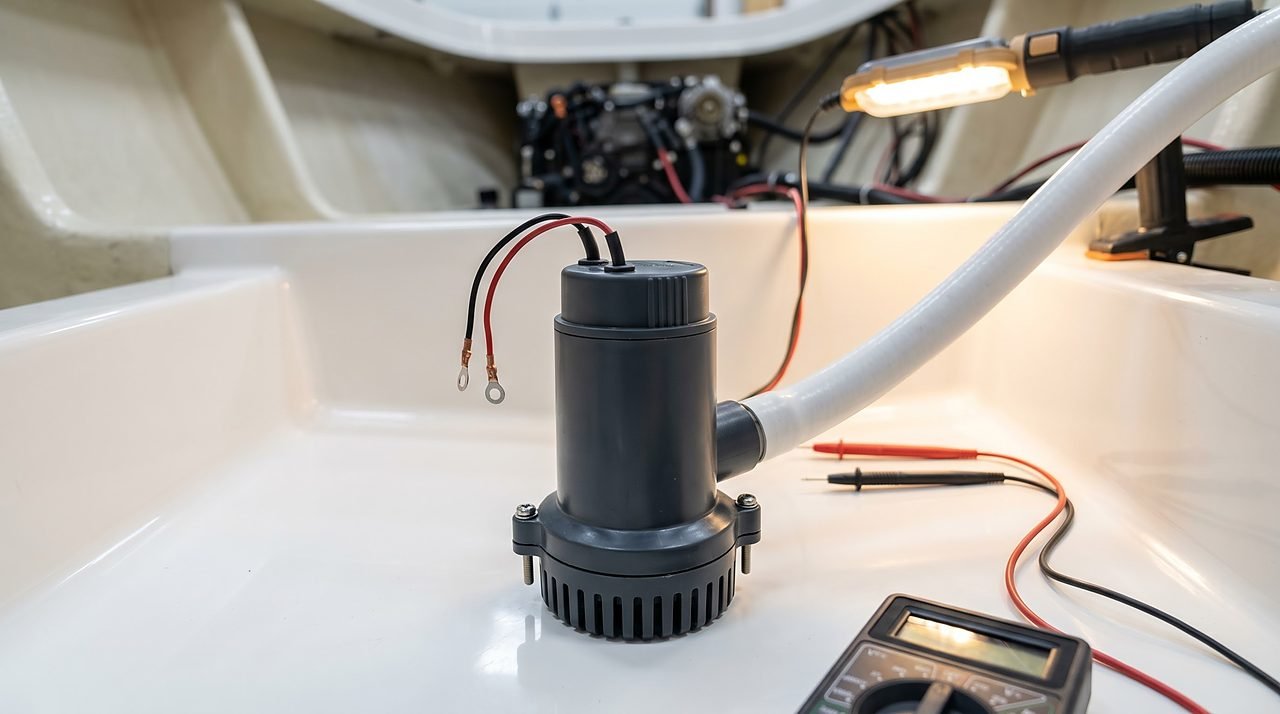 submersible bilge pump mounted in fiberglass boat bilge sump with discharge hose