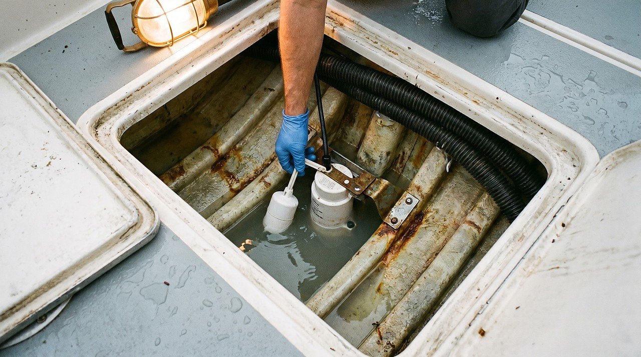 gloved hand lifting bilge pump float switch during a diagnostic inspection in a boat bilge
