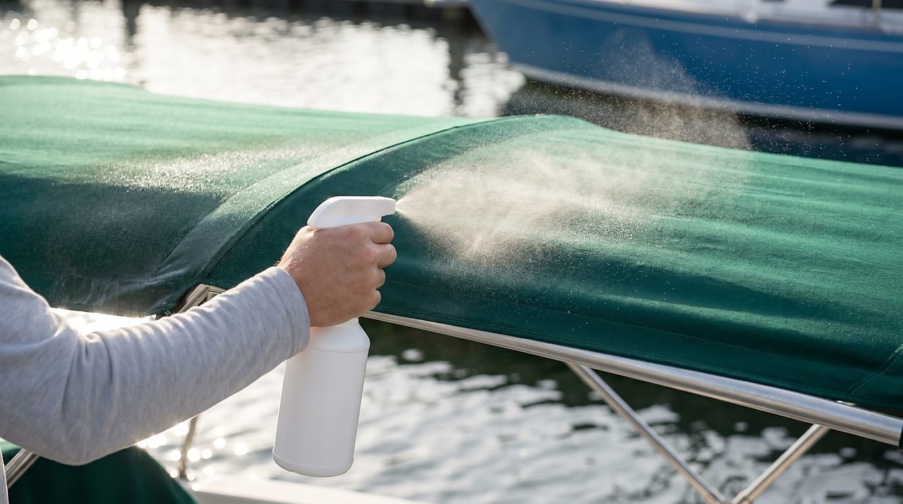 spraying DWR fabric guard on a green marine canvas bimini top stretched on its frame