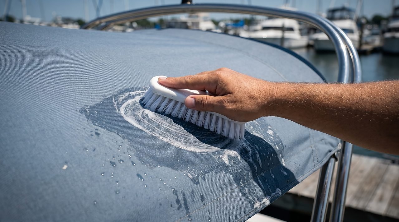 hand scrubbing a blue marine canvas bimini top with a soft-bristle brush and soapy foam