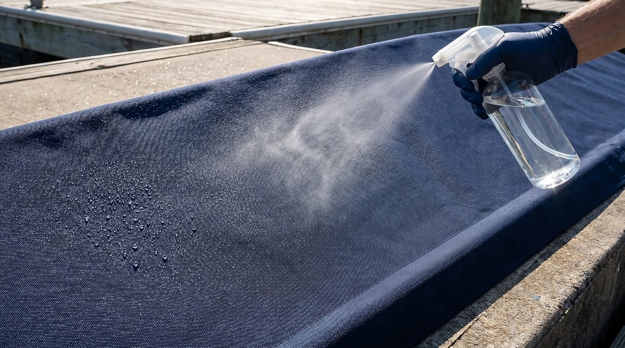 applying DWR waterproofing spray to a dark canvas bimini top laid flat on a dock