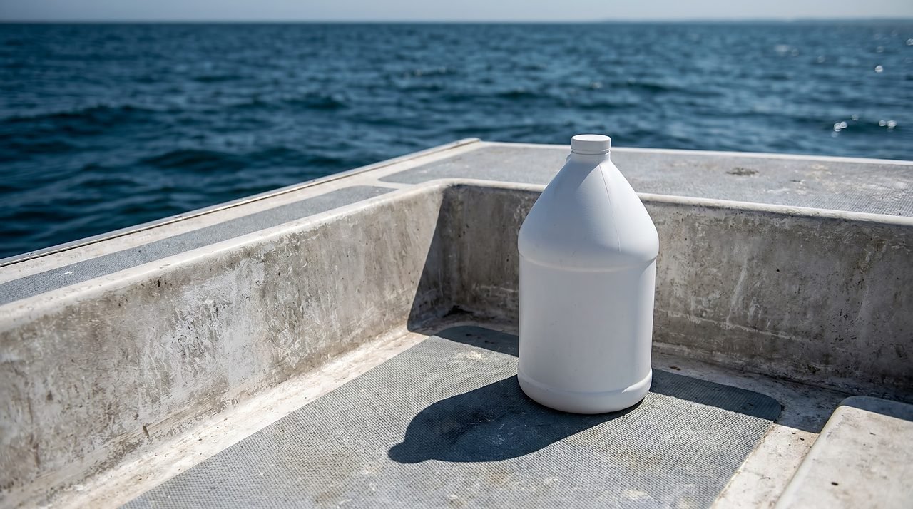 plain bleach container on a boat deck non-skid surface near the cockpit