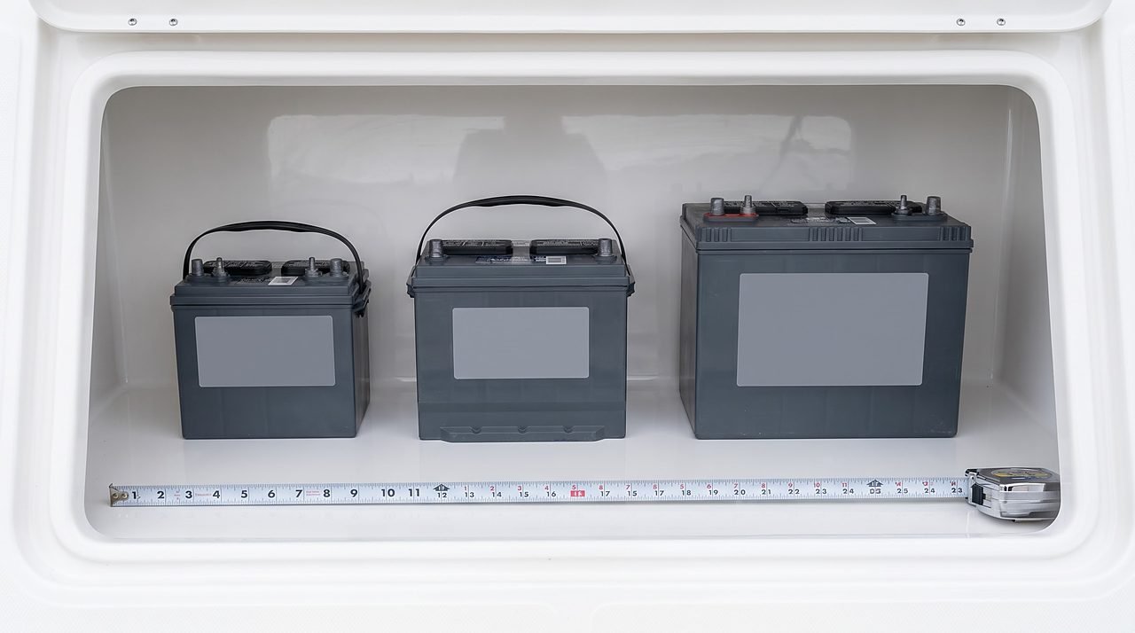 three marine batteries of increasing group sizes arranged side by side for size comparison