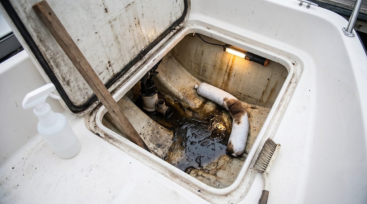 open boat bilge compartment with bilge sock and brush ready for non-emulsifying cleaner