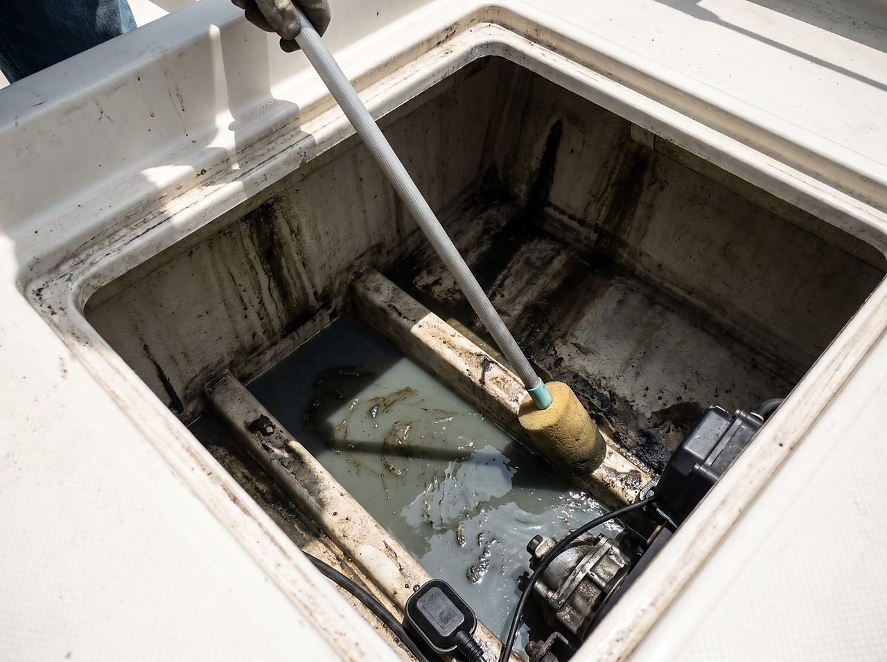 long-handled mop cleaning oily residue from the bilge of a fiberglass powerboat