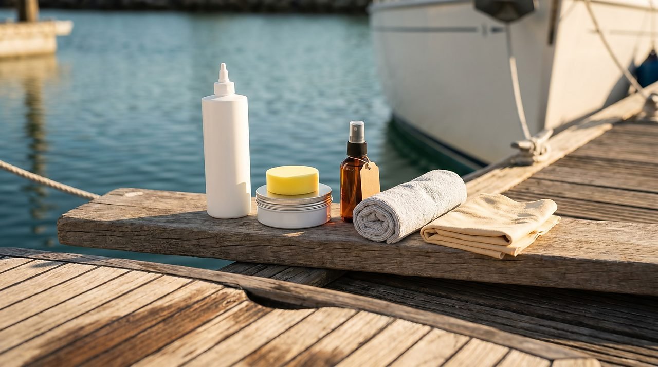 assortment of generic boat-care products arranged on a weathered dock beside a fiberglass hull