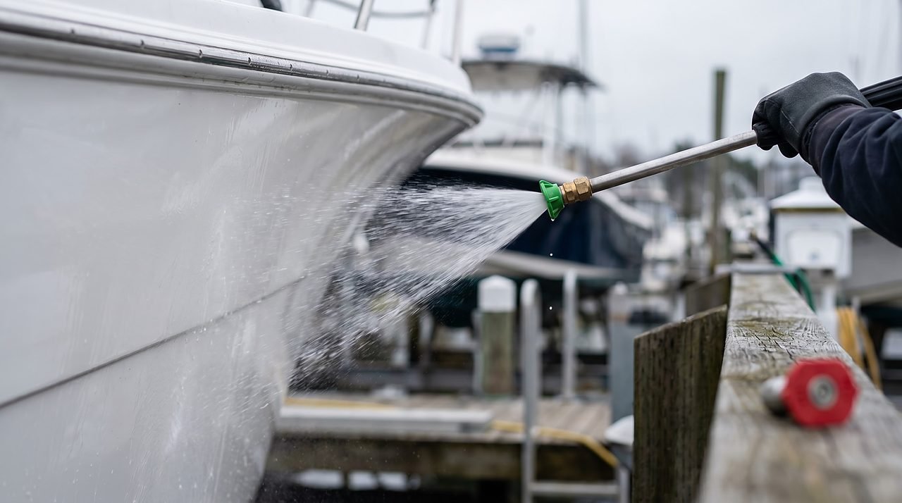 pressure washer fan nozzle spraying water on gelcoat hull at correct 14-inch distance