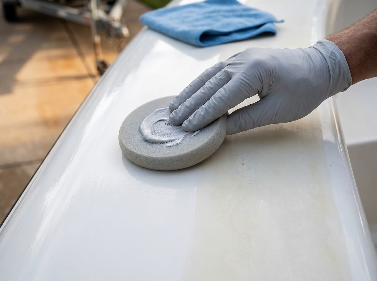 foam compounding pad applying cutting compound to a fiberglass gelcoat hull section