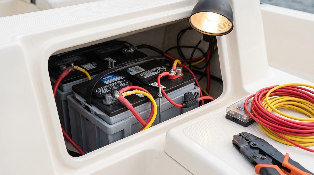 marine 12V battery with properly crimped tinned-copper cables and inline fuse in boat console