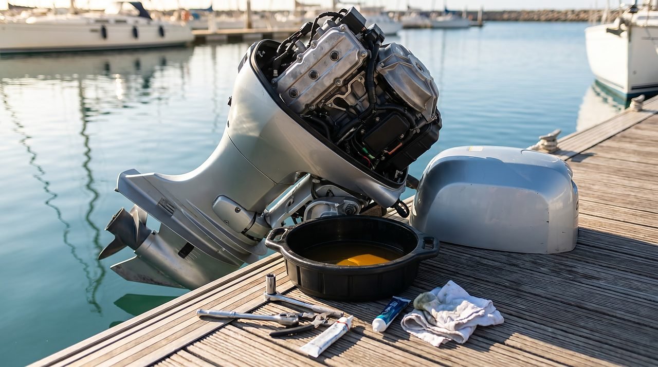 outboard engine cowling removed during annual service on a dock with gear oil drain pan