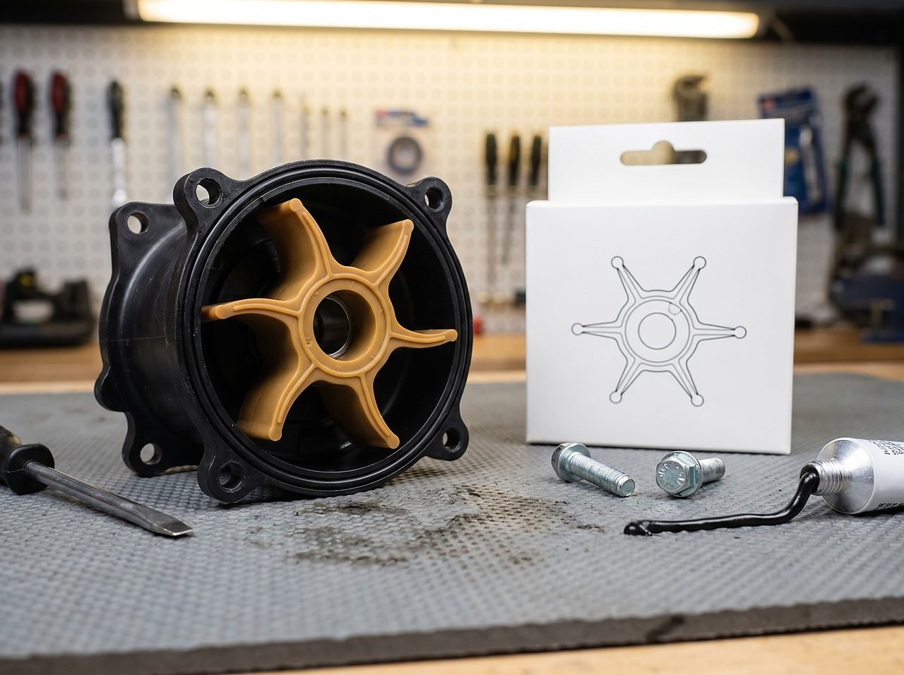 outboard water pump impeller removed from housing beside a replacement part on a workbench