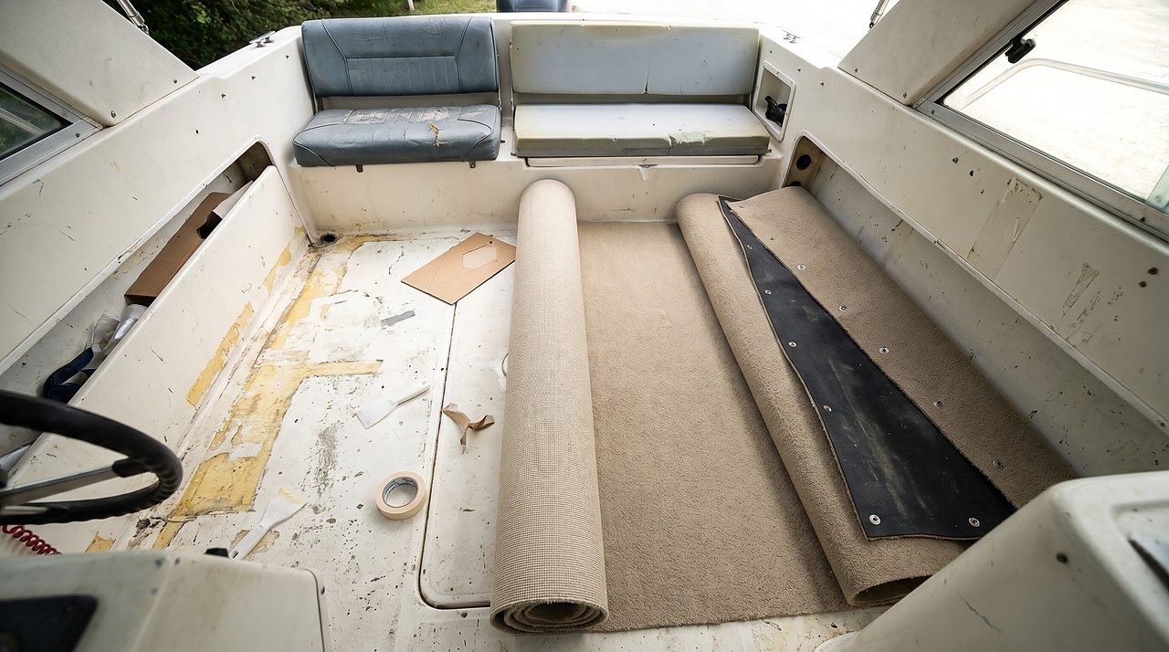 mid-restoration boat cockpit with stripped floor and bare seat foam awaiting new vinyl