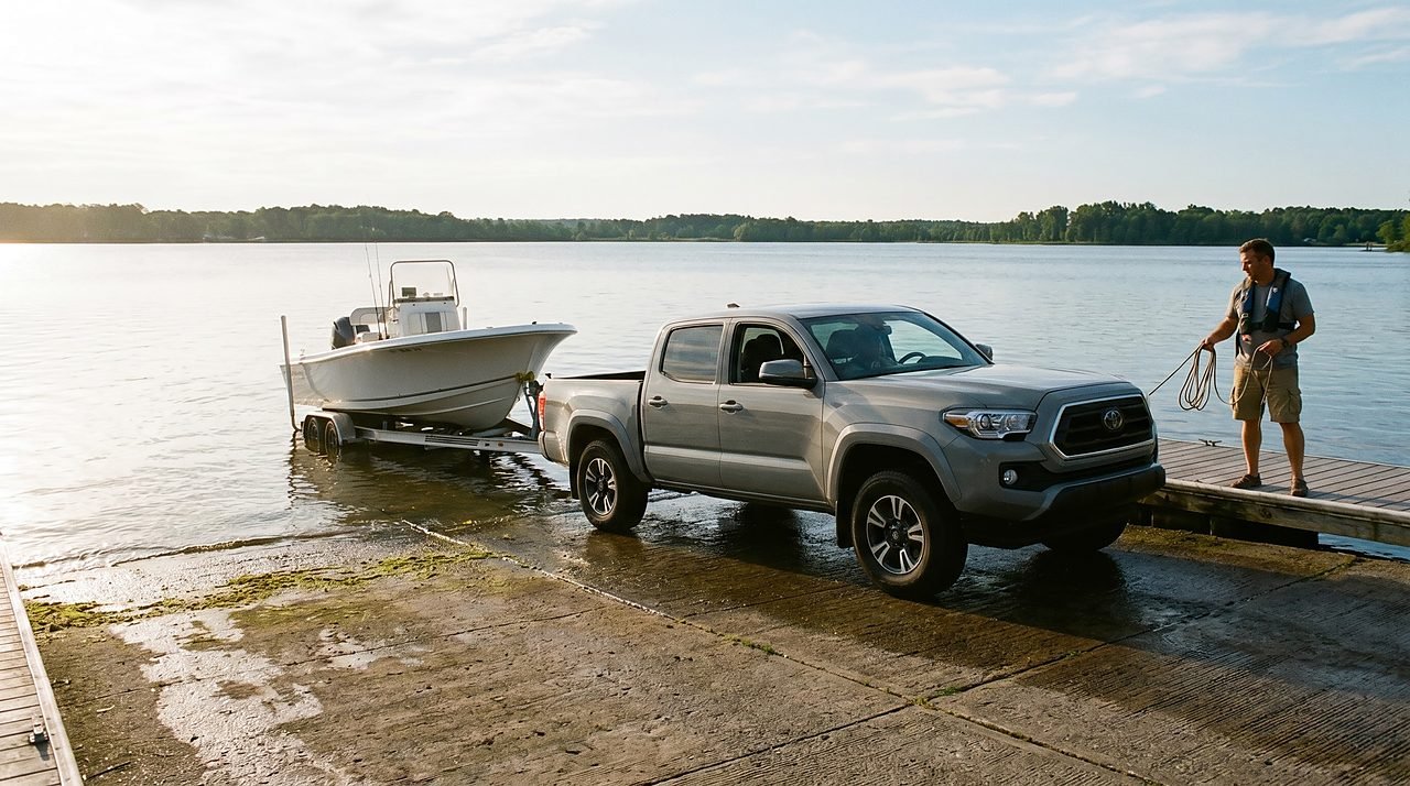 boat trailer backed down a concrete ramp with hull partially floating at launch