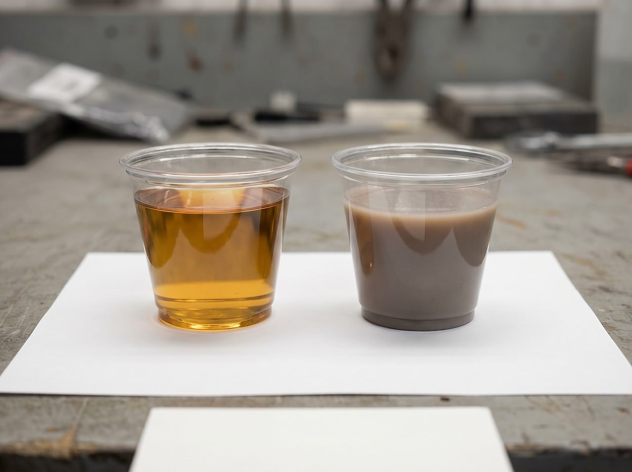 two cups showing fresh amber gear oil versus milky water-contaminated lower-unit oil side by side