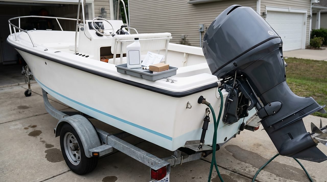 white center-console boat on trailer with flush muffs attached and maintenance supplies on the gunwale