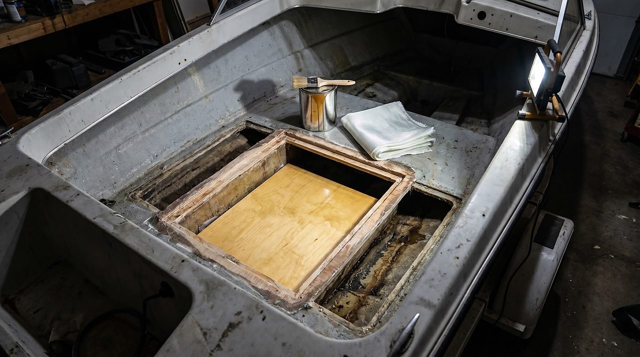 open boat floor repair showing removed section, new marine plywood core, and fiberglass cloth ready for epoxy layup