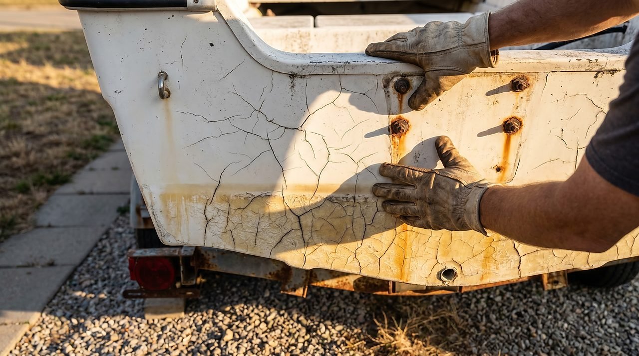 close-up of hands pressing neglected boat transom during structural flex test for rot