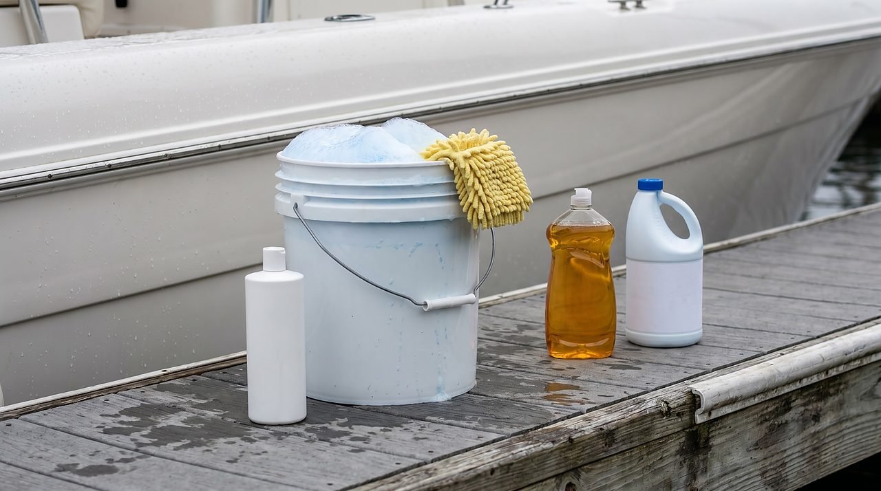 marine wash bucket with soap on a dock beside a fiberglass boat hull