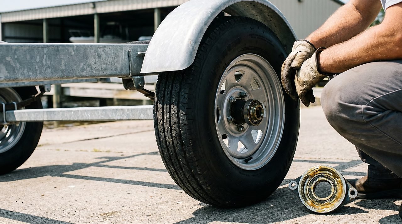close-up of a boat trailer wheel hub being inspected with marine grease visible on bearing