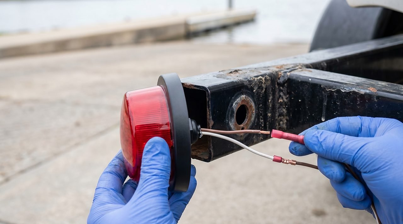 sealed submersible LED trailer light being spliced onto a boat trailer frame