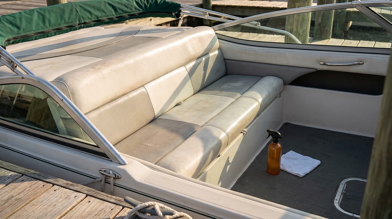boat vinyl seats and canvas bimini top waiting for a cleaning and UV protection pass