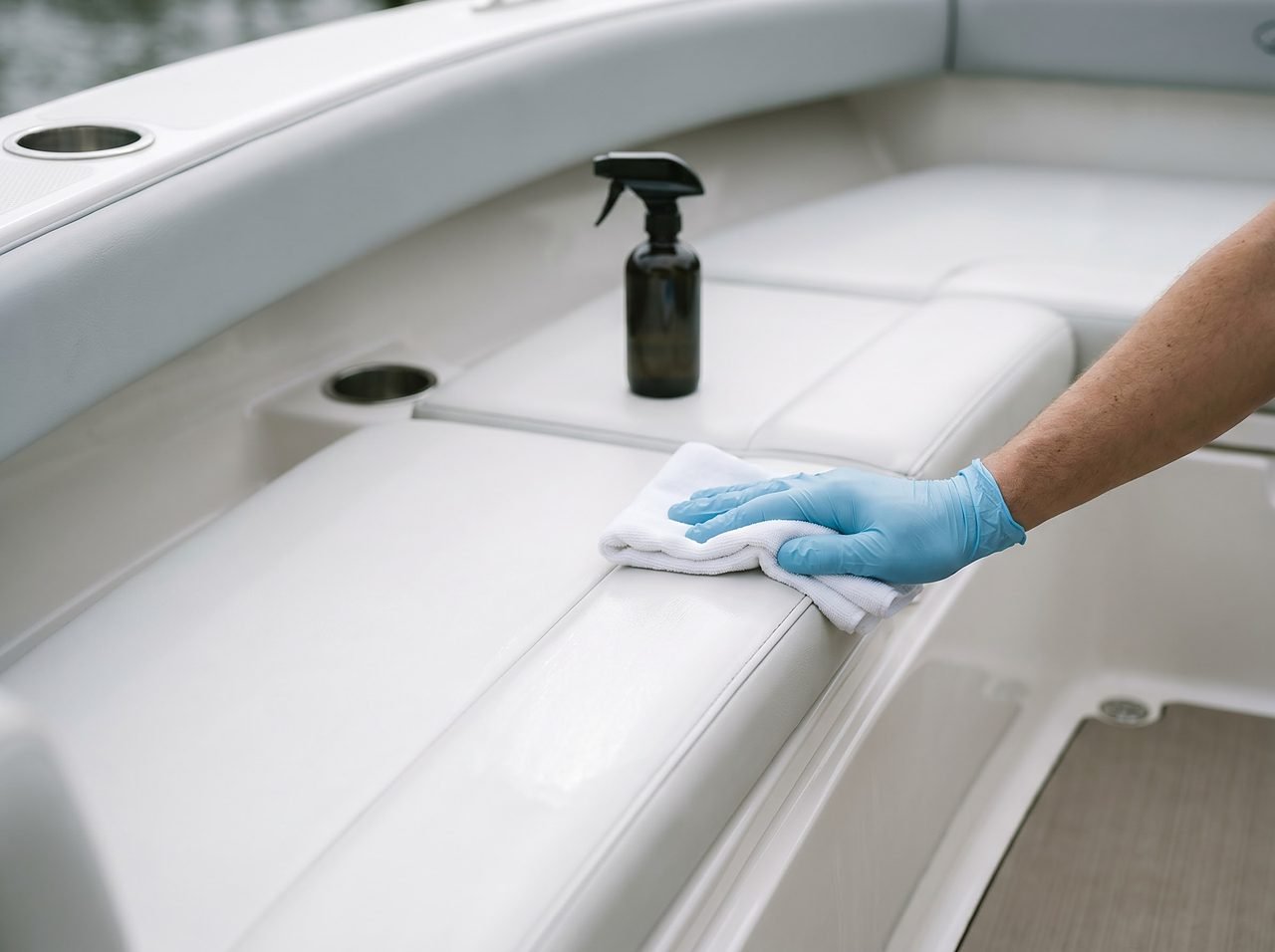 microfiber cloth applying UV protectant to clean white marine vinyl boat seat