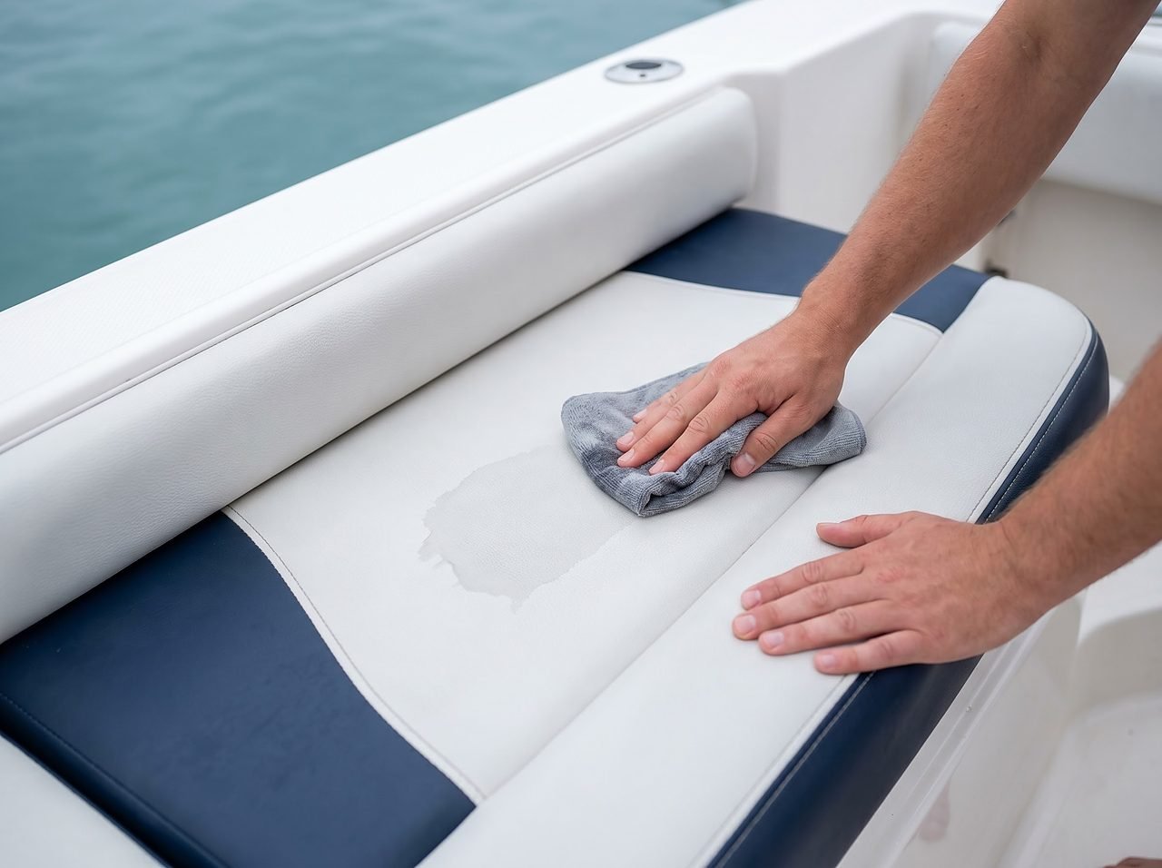 microfiber cloth applying UV protectant to white and navy marine vinyl boat seat