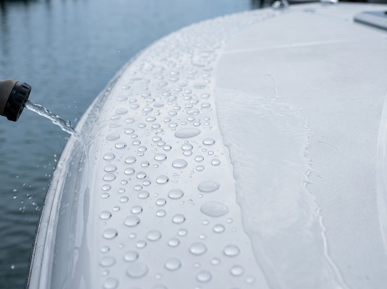 water beading tightly on waxed gelcoat versus sheeting flat on unprotected hull section