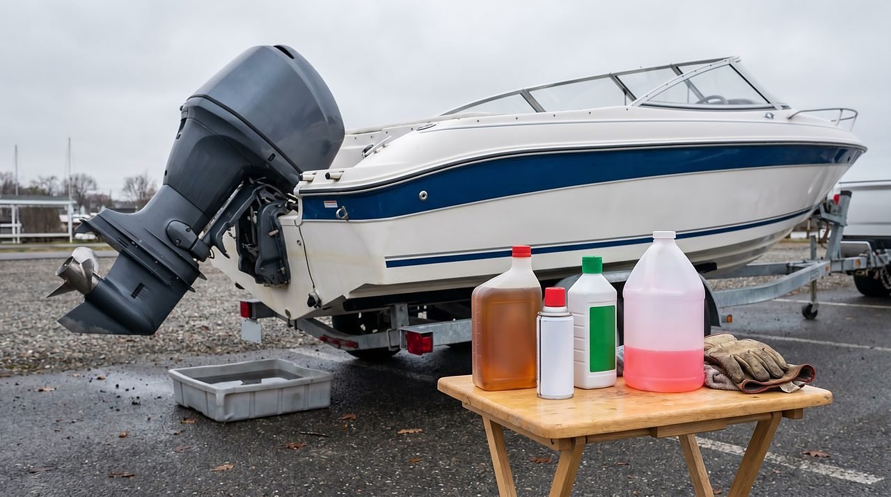 DIY boat winterization supplies arranged near a runabout's outboard engine ready for seasonal storage