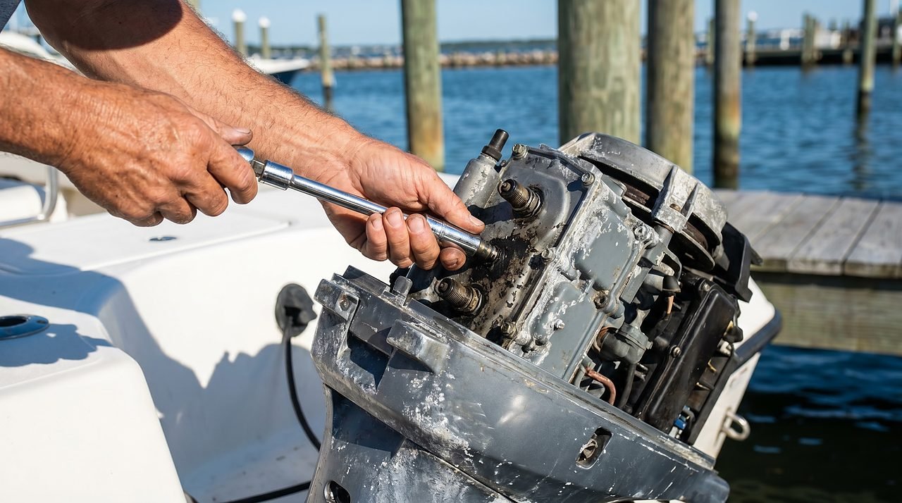 mechanic pulling a fouled spark plug from an outboard engine powerhead at the dock