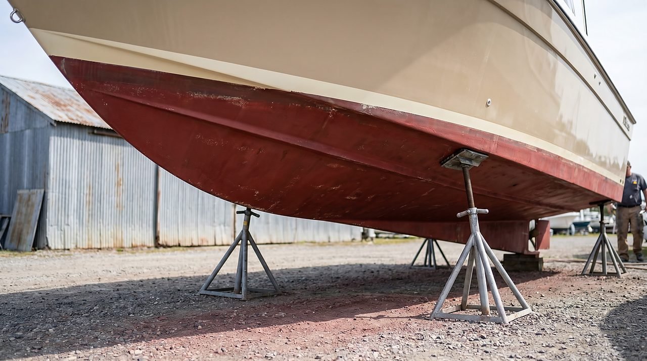 Fiberglass powerboat hull on jack stands in boatyard showing antifouling bottom paint condition from bow to stern