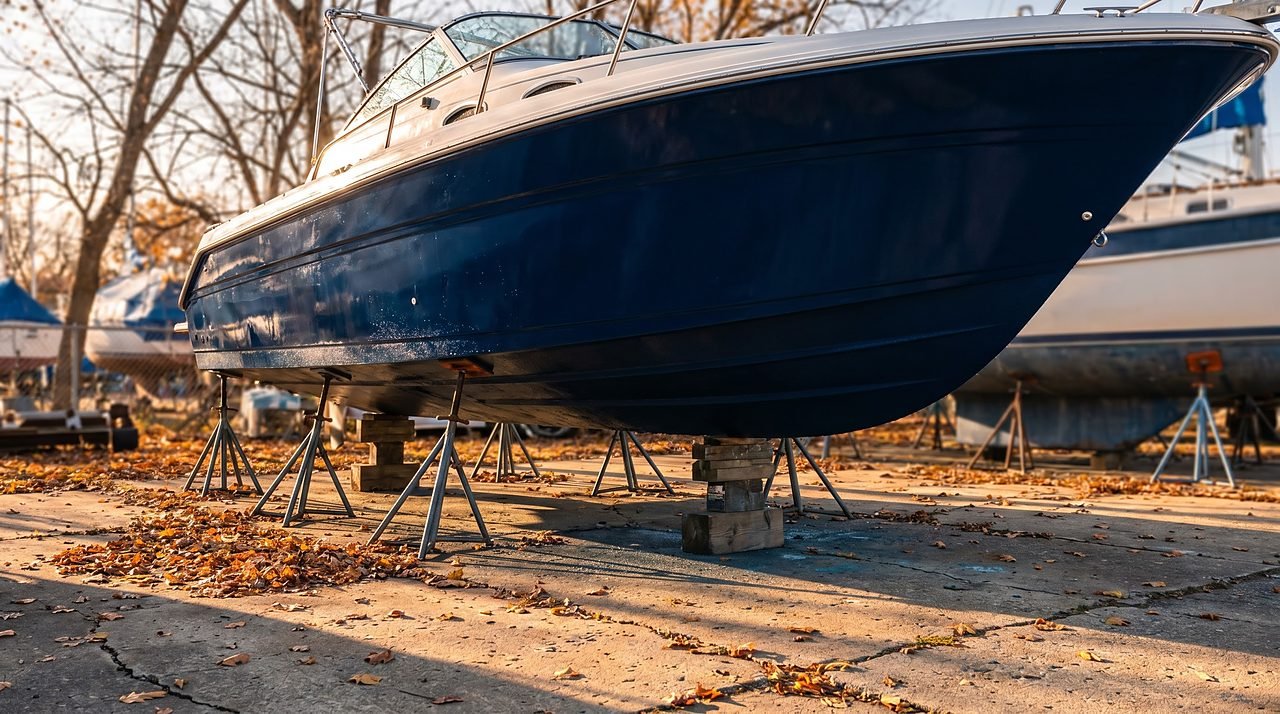 freshly painted antifouling bottom coat on a fiberglass hull stored on jack stands in fall