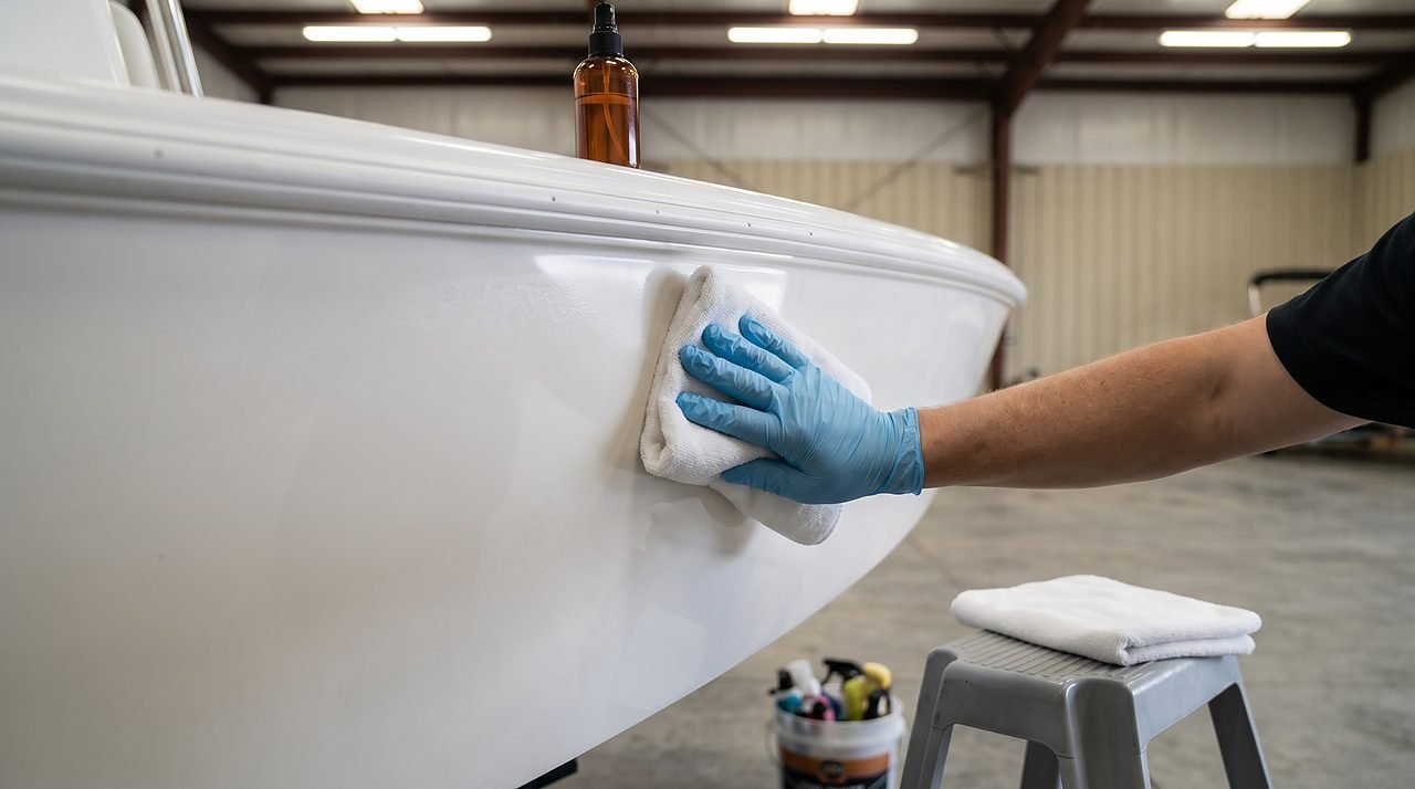 gloved hand wiping IPA solution on white gelcoat hull before ceramic coating application