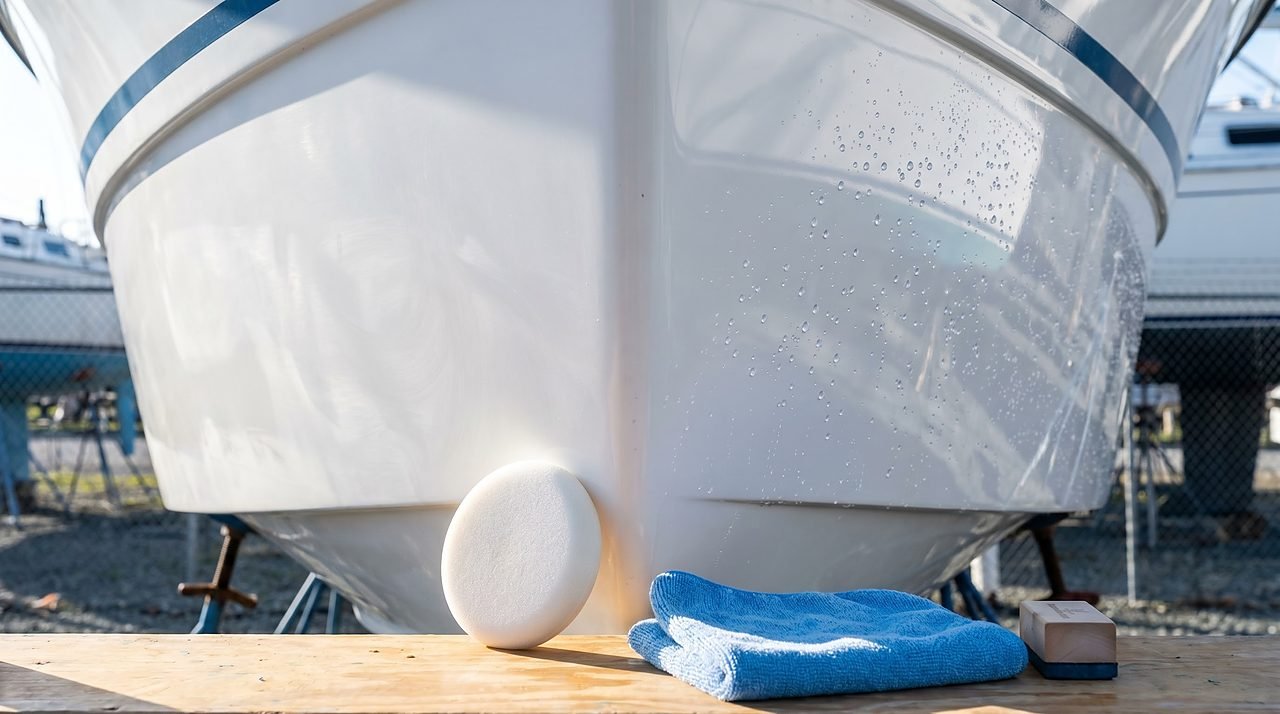 fiberglass boat hull showing paste wax section beside ceramic coated section with water beading