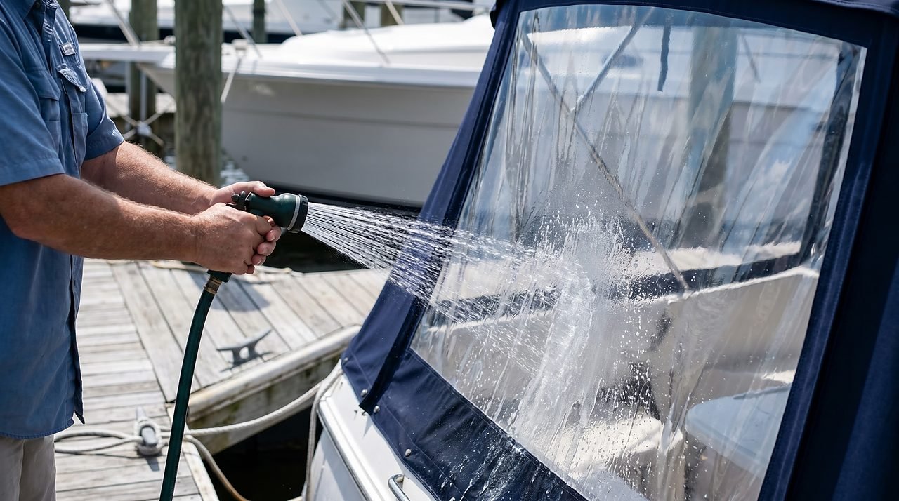 fresh water rinsing salt from a clear vinyl boat enclosure panel at the dock