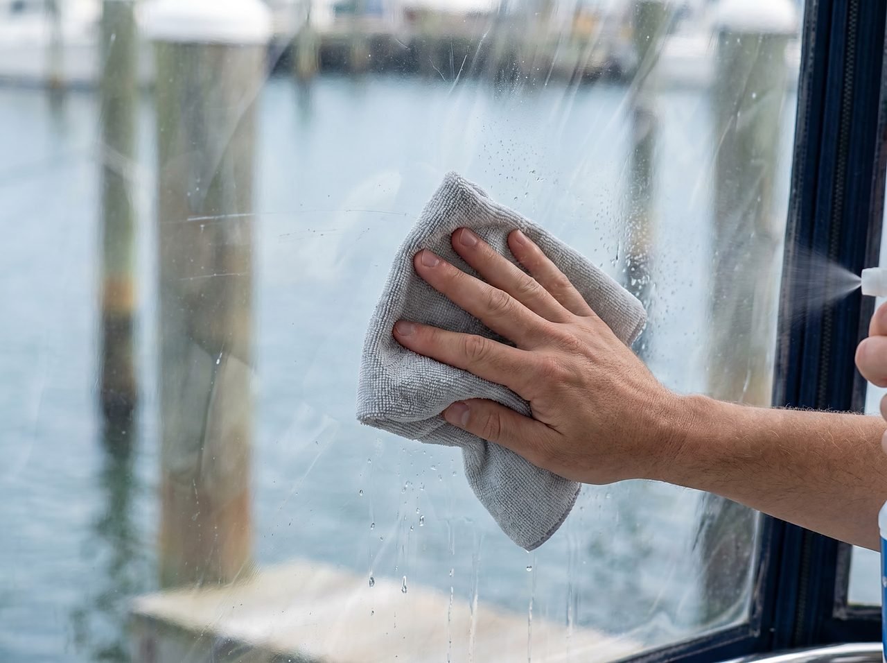 wet microfiber cloth gently wiping a clear vinyl boat window with light pressure