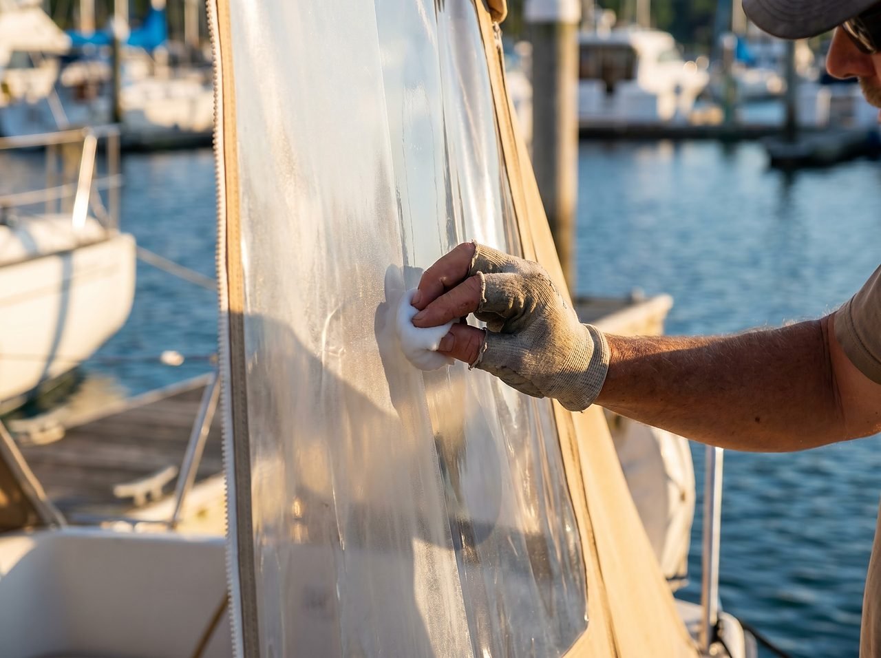 cotton applicator pad applying UV protective treatment to a clear vinyl boat window