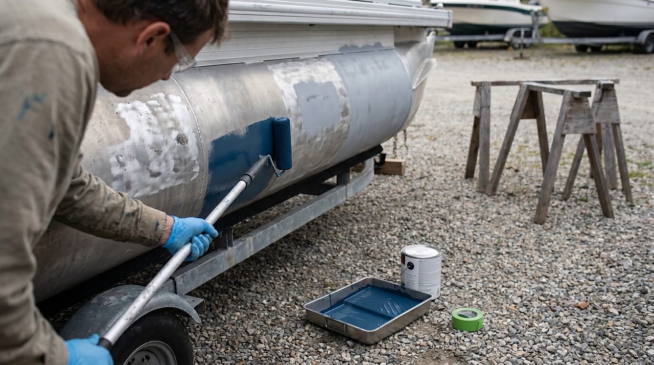 painter applying copper-free antifouling paint to aluminum pontoon toon on a boatyard trailer