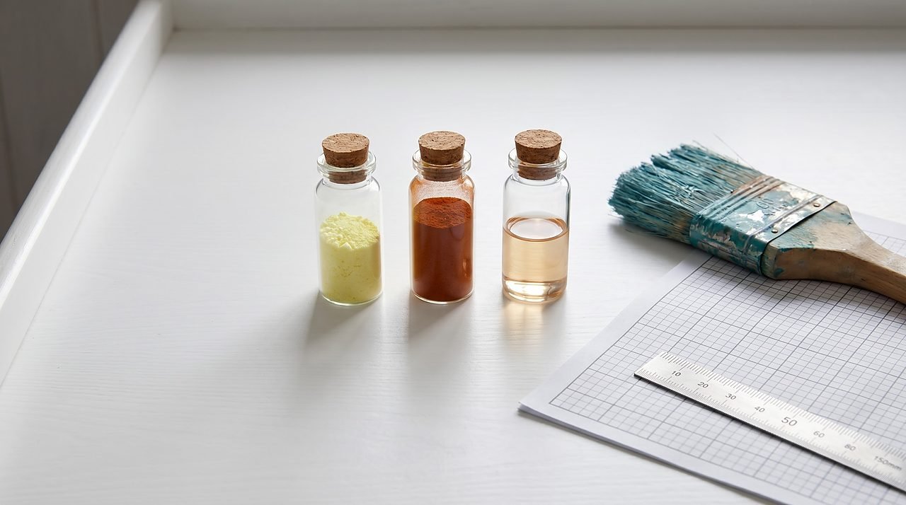 three antifouling biocide samples (zinc pyrithione, tralopyril, and DCOIT) on a marine workbench